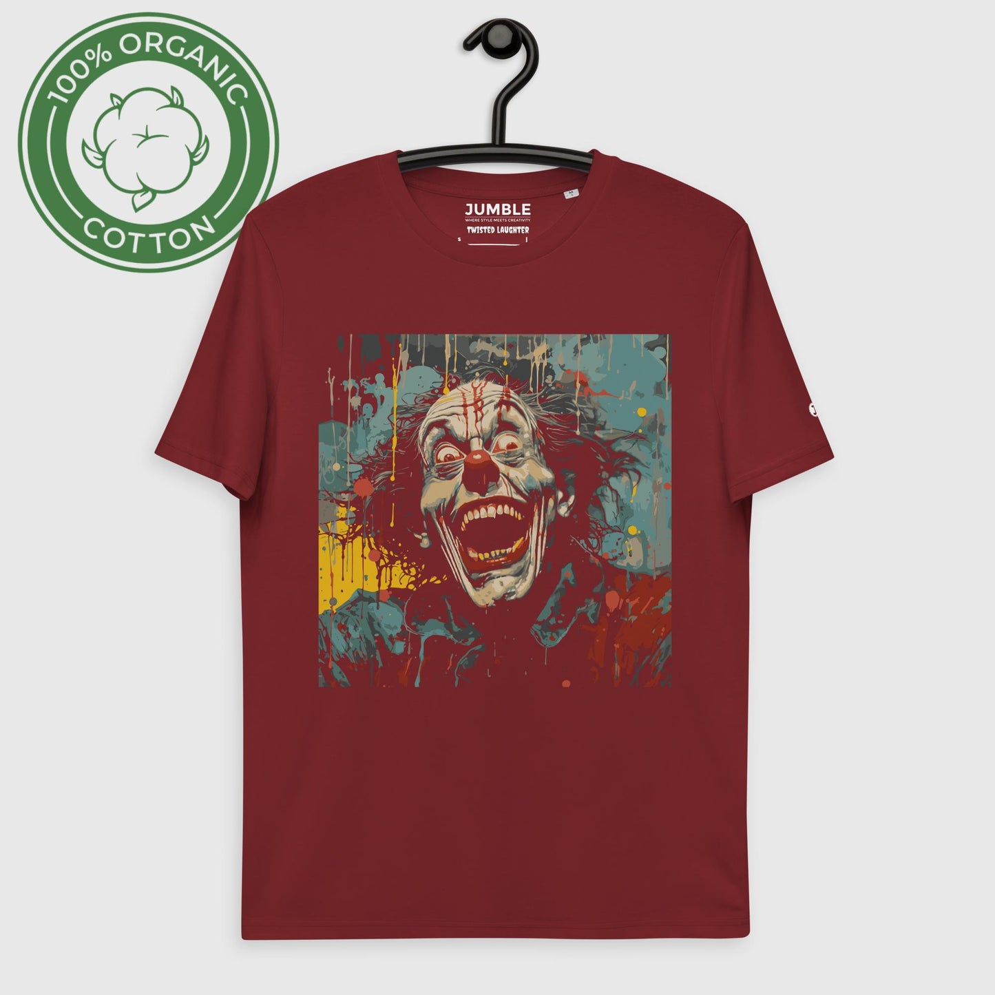 burgundy Twisted Laughter Unisex organic cotton t-shirt, displayed on a hanger