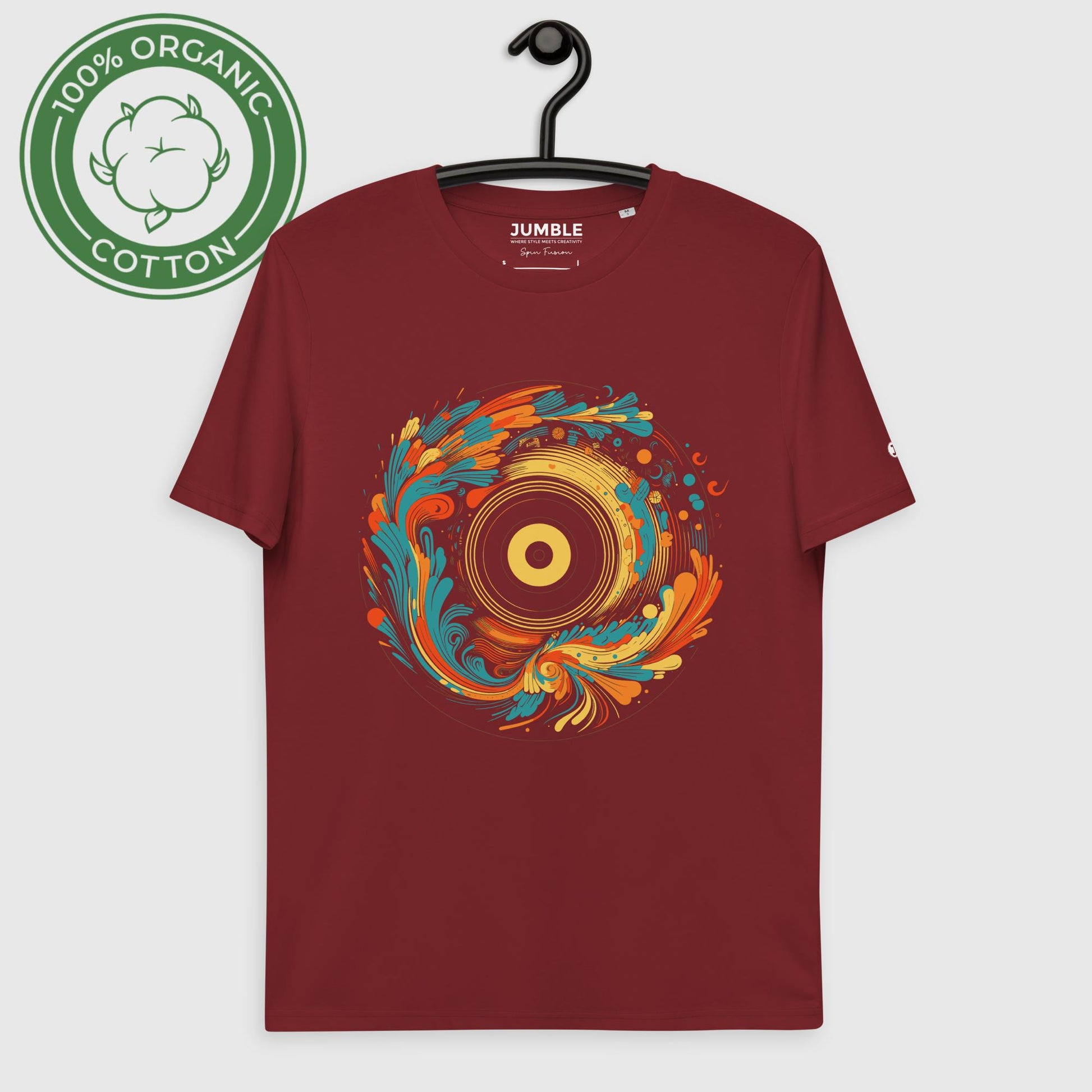 burgandy Spin Fusion Unisex organic cotton t-shirt, displayed on a hanger