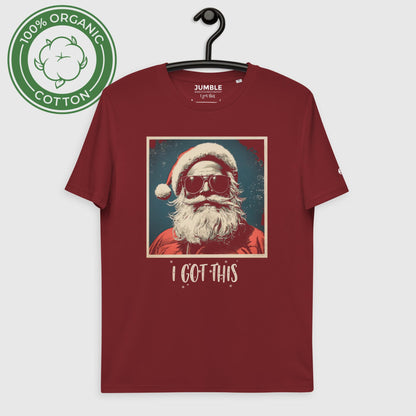 burgundy "I Got This" Unisex organic cotton t-shirt displayed on a hanger