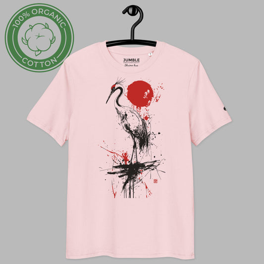 cotton pink Shuimo Hua Premium Unisex organic cotton t-shirt displayed on  a hanger