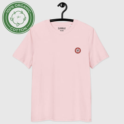 front of cotton pink Tenshi (天使) Premium Unisex organic cotton t-shirt on a hanger