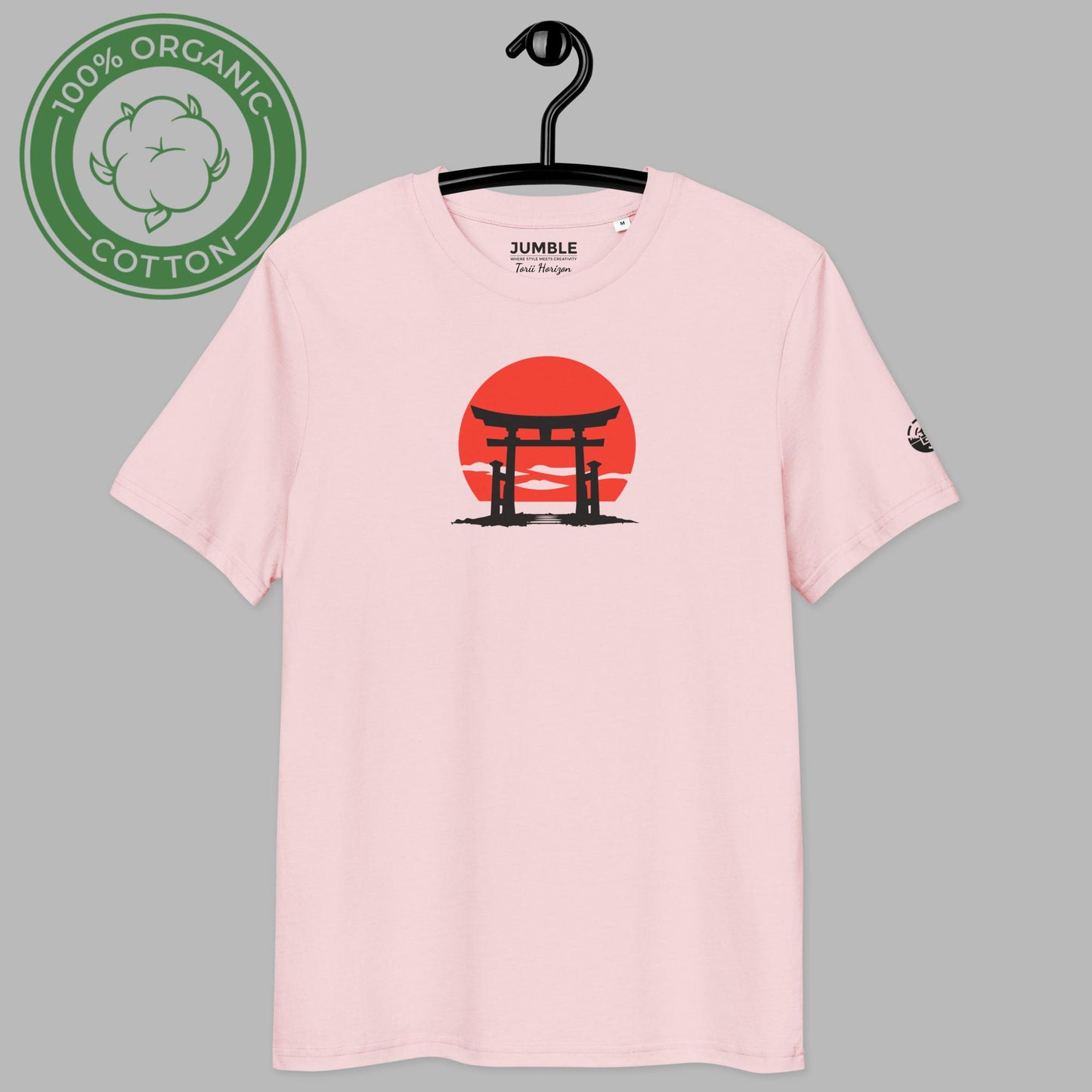 pink Torii Horizon Premium Unisex organic cotton t-shirt on a hanger