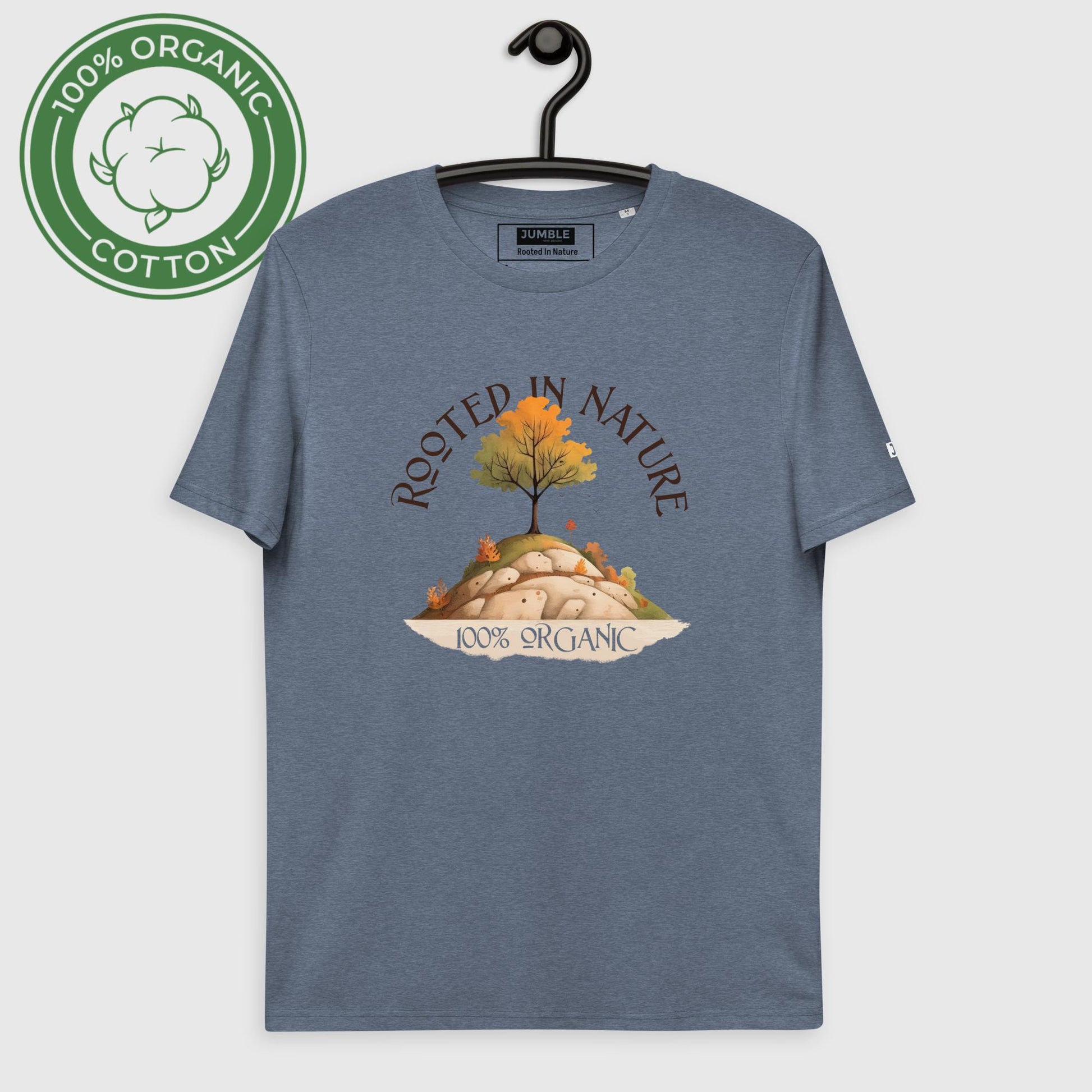 Rooted in Nature Unisex organic cotton t-shirt- in dark heather blue-on hanger