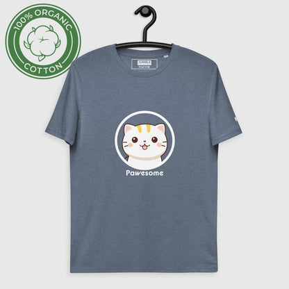 Pawesome Unisex organic cotton t-shirt- dark heather blue, on hanger