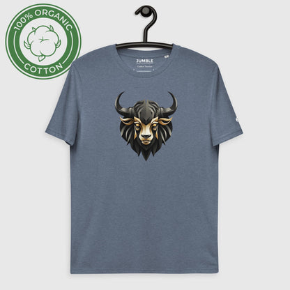 Golden Taurine Unisex organic cotton t-shirt, in dark heather blue. Displayed on a hanger