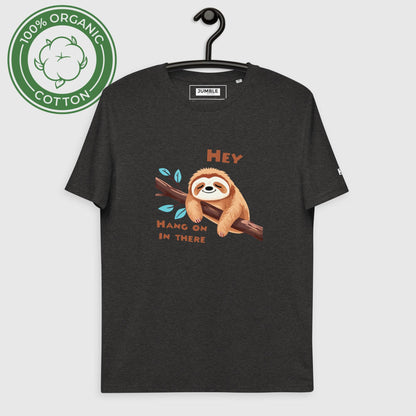 Hey, Hang on in their Unisex organic cotton t-shirt, in dark heather grey. On hanger