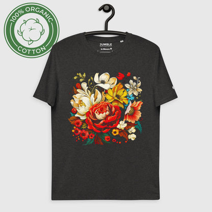 In Bloom  Organic Cotton Unisex Tee - Dark Heather Color - On Hanger