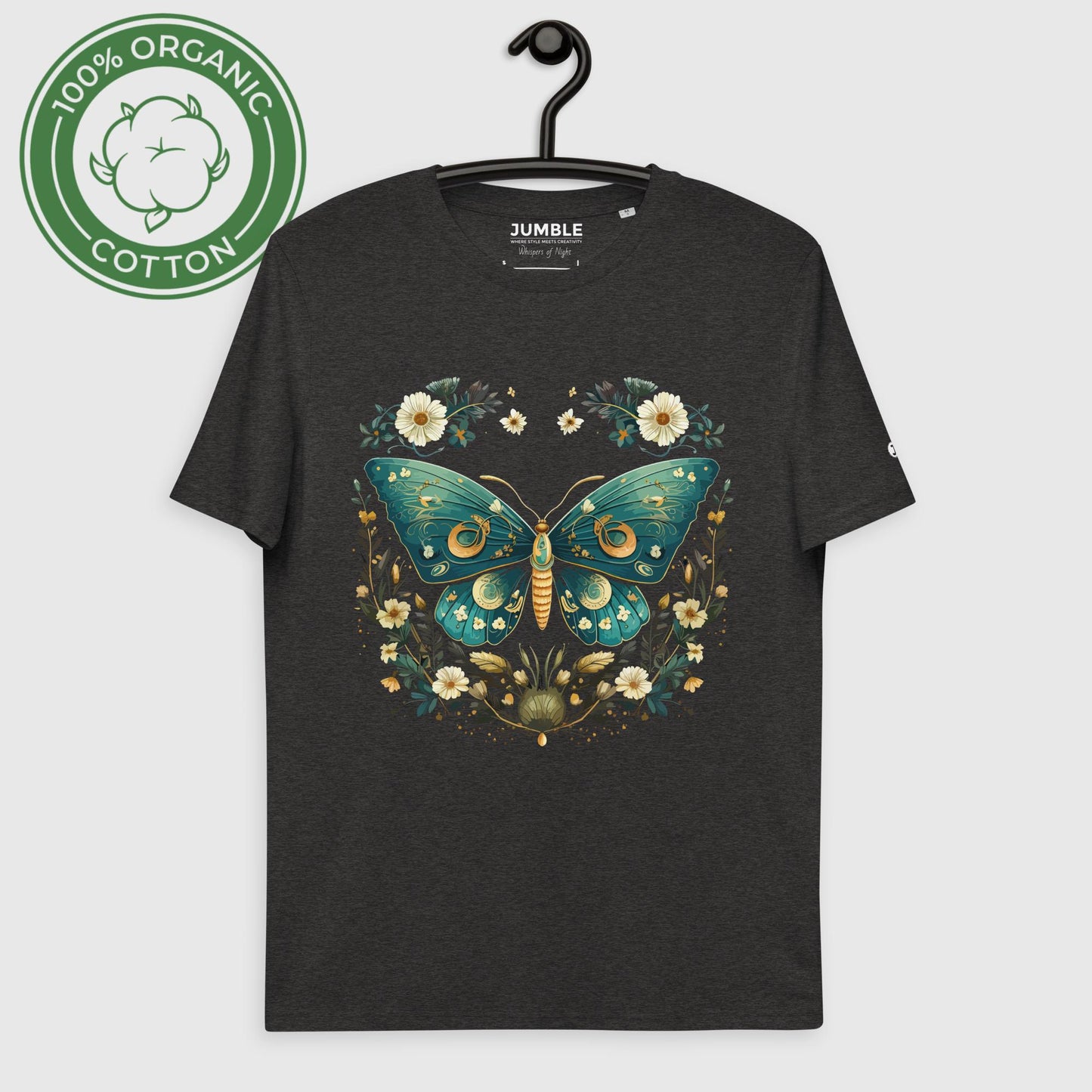 dark heather Whispers of Night Unisex organic cotton t-shirt displayed on a hanger