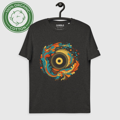 dark heather grey Spin Fusion Unisex organic cotton t-shirt, displayed on a hanger