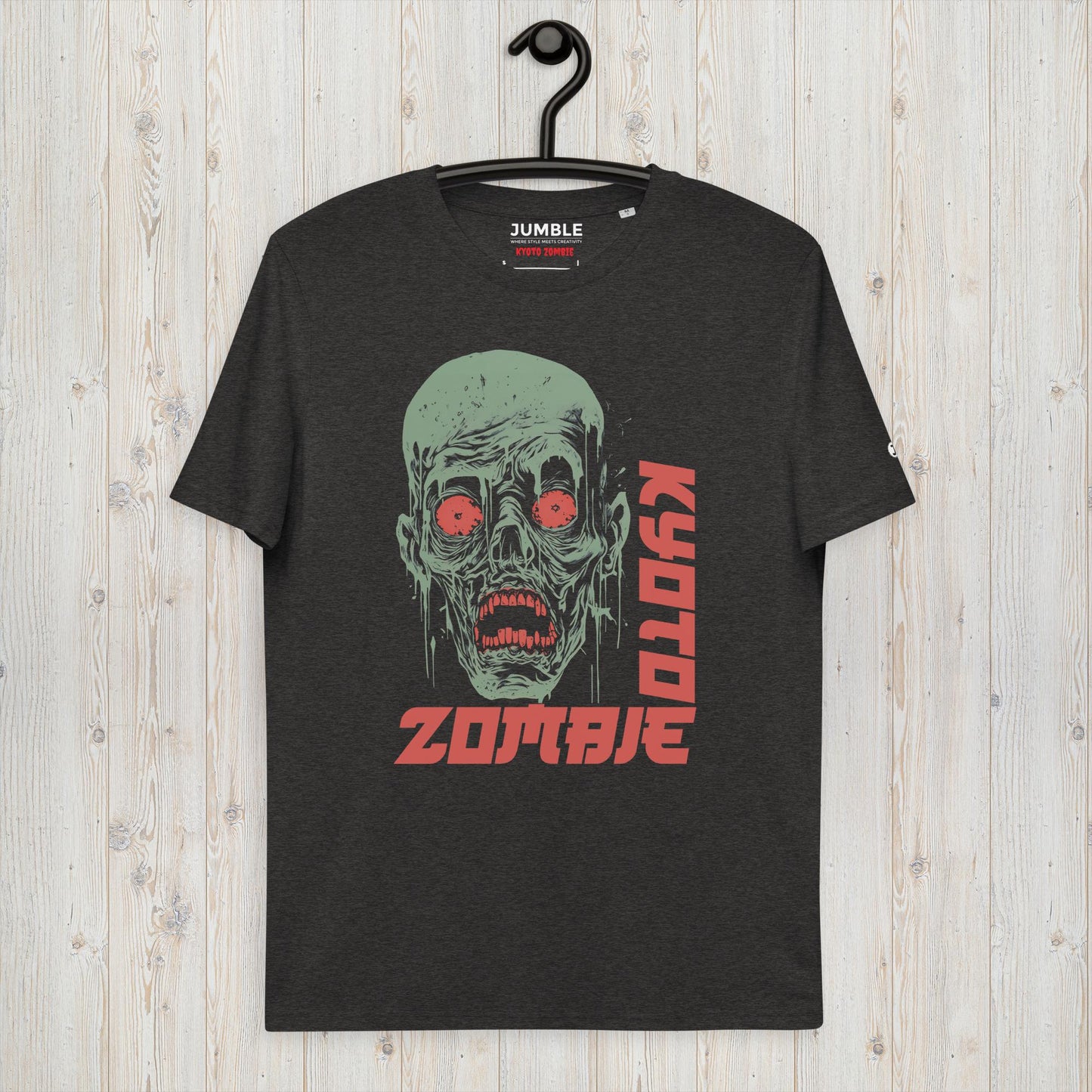 dark heather grey Kyoto Zombie Unisex organic cotton t-shirt on  hanger