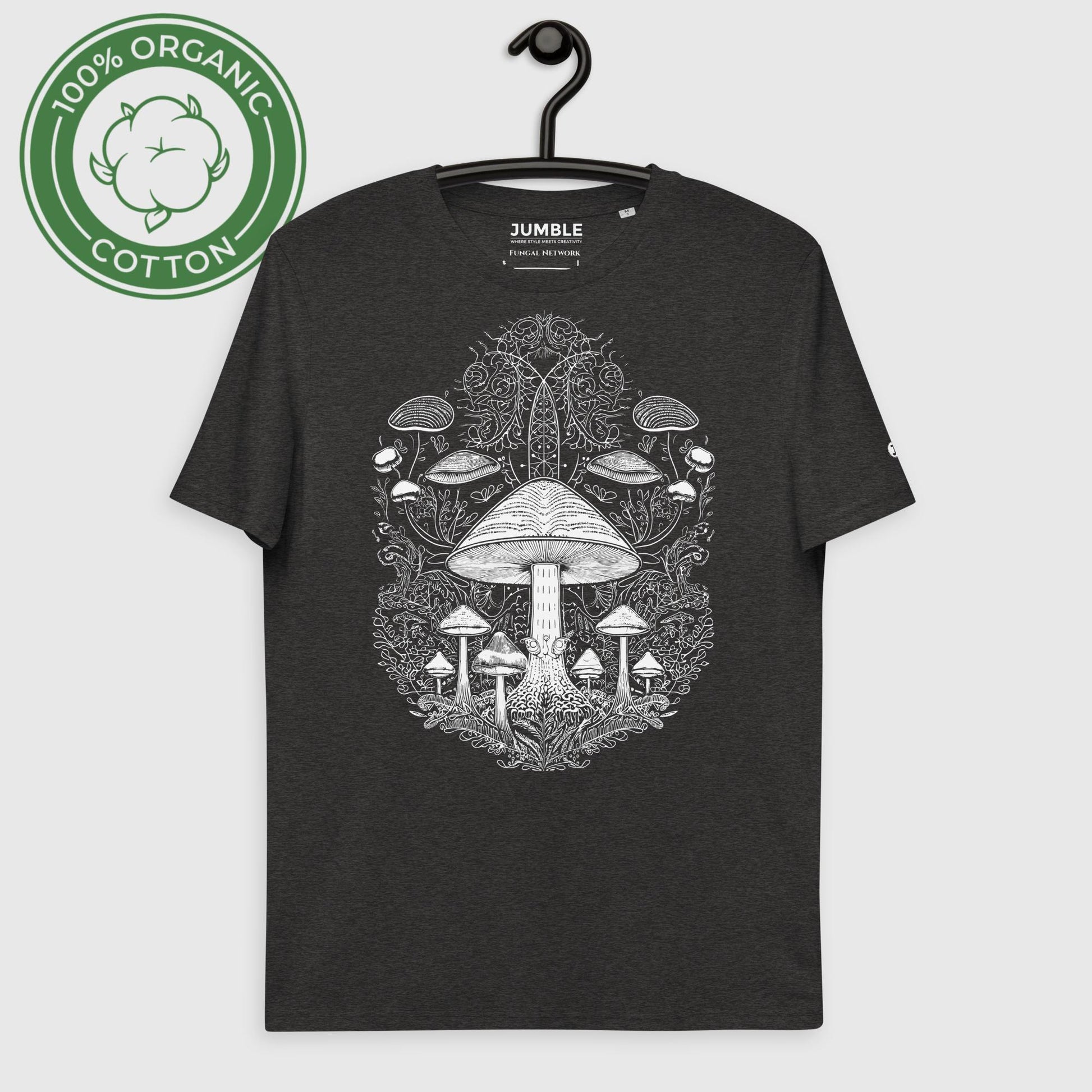 dark heather grey Fungal Network  Unisex organic cotton t-shirt on a hanger