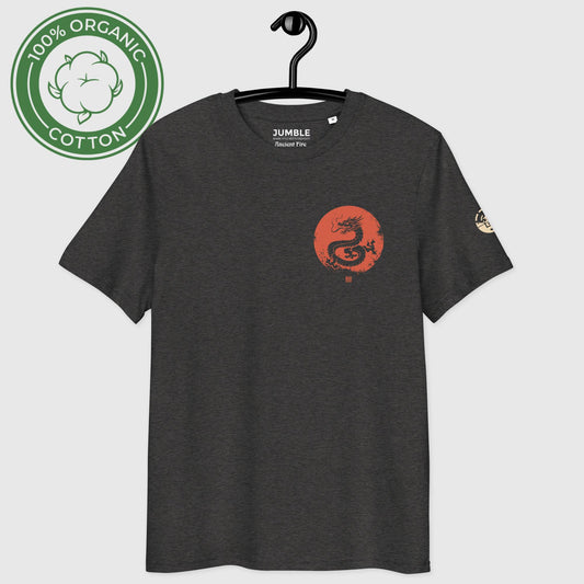 dark heather grey Ancient Fire Premium Unisex organic cotton t-shirt displayed on a hanger