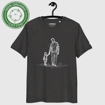 dark heather grey In His Steps Premium Unisex organic cotton t-shirt on a hanger