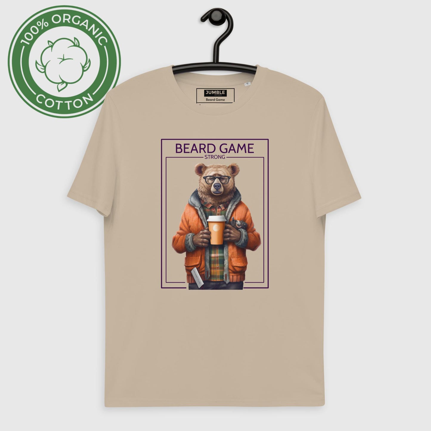 Beard Game Organic Cotton T-shirt in Desert Dust on hanger