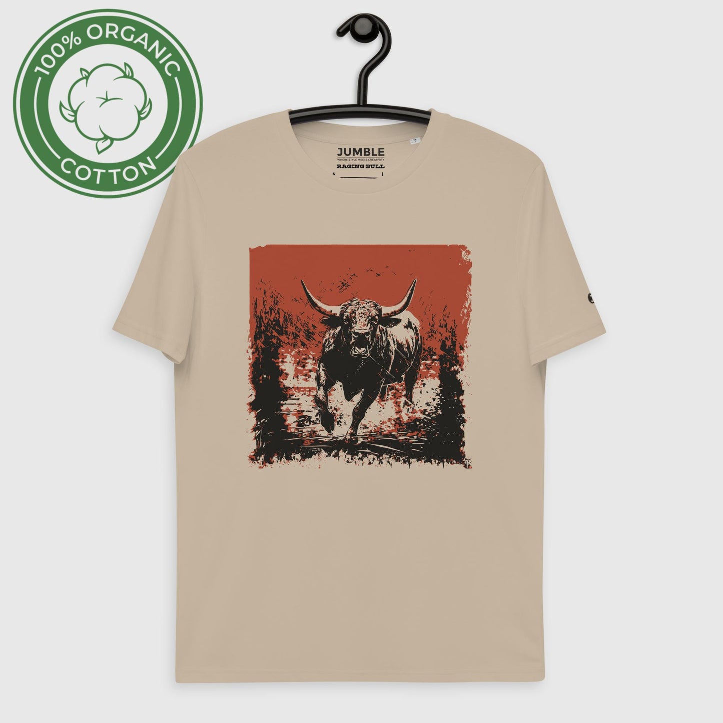 Raging Bull Unisex organic cotton t-shirt, in desert dust. Displayed on hanger