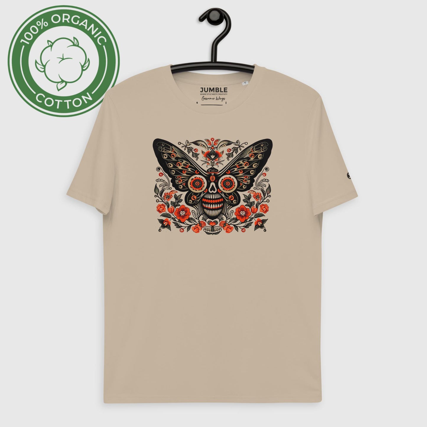 Gossamer Wings Unisex organic cotton t-shirt on a hanger