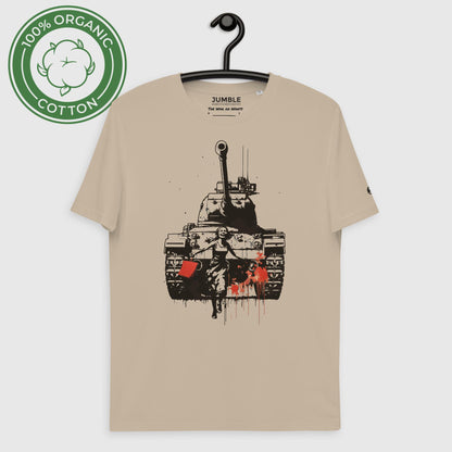 desert dust The War on Wants Unisex organic cotton t-shirt displayed on hanger