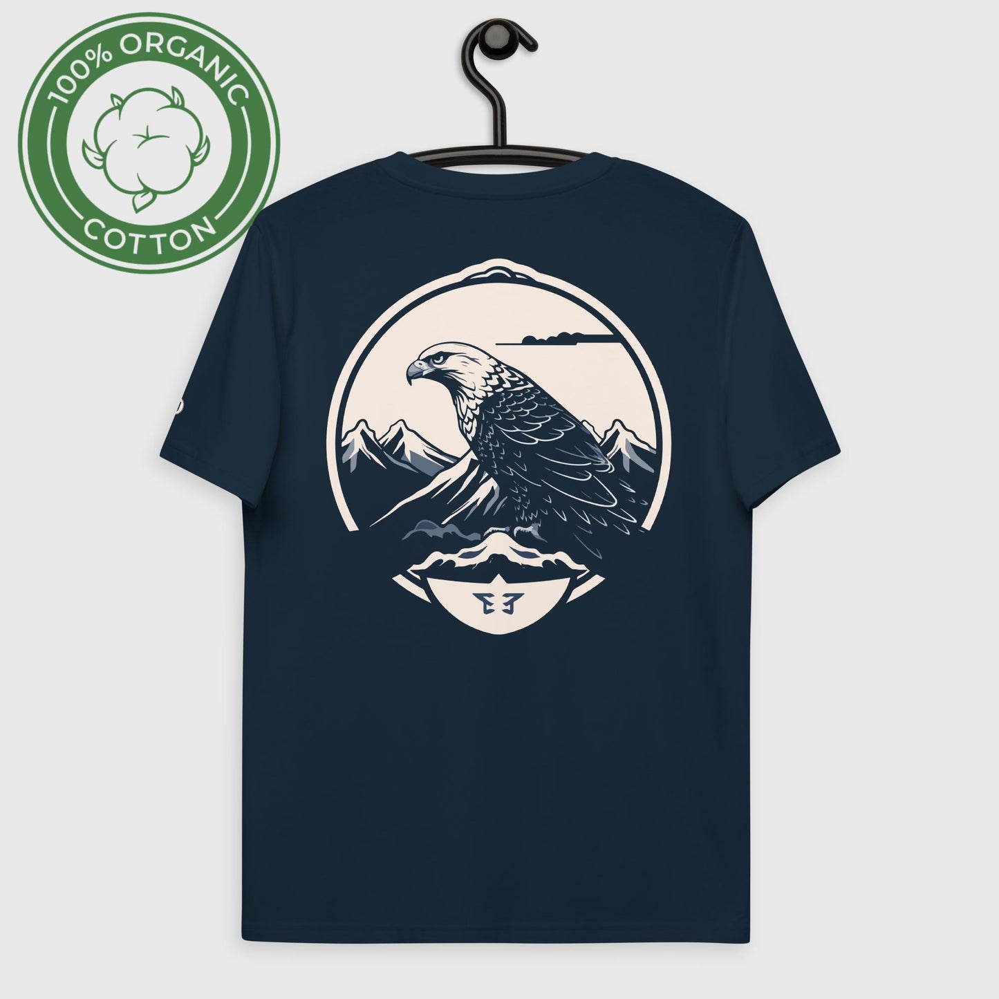 back of Falcon Peak Unisex organic cotton t-shirt displayed on a hanger