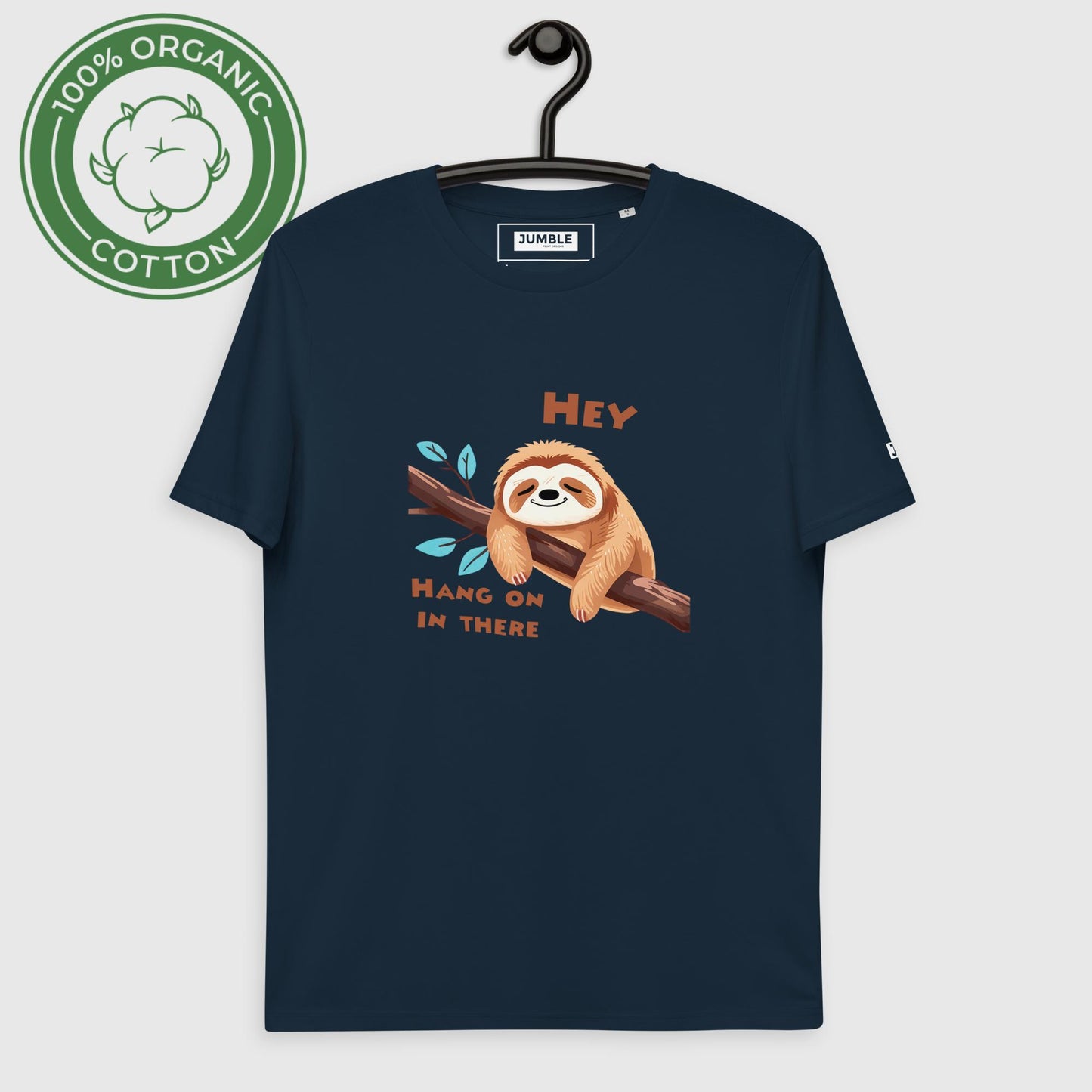 Hey, Hang on in their Unisex organic cotton t-shirt, in french navy. On hanger