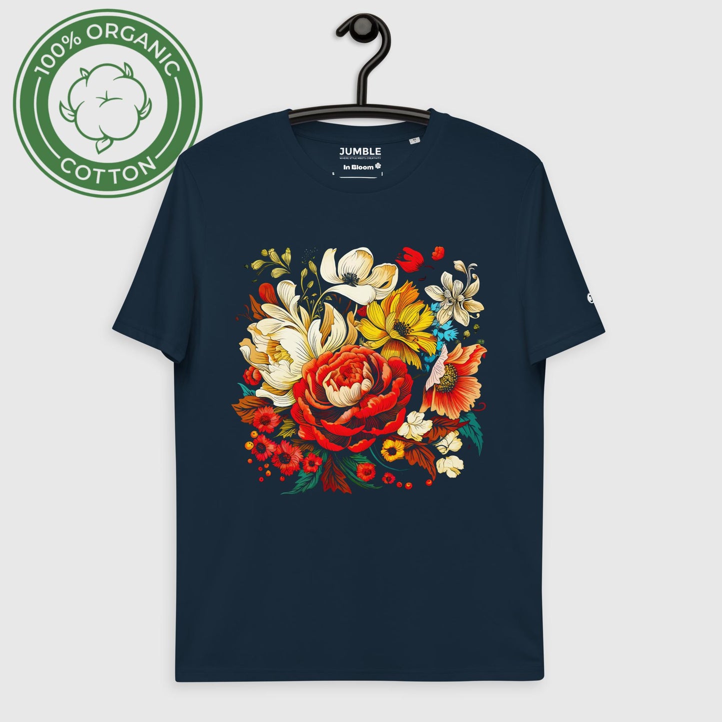 In Bloom Organic Cotton Unisex Tee - French Navy Color - On Hanger