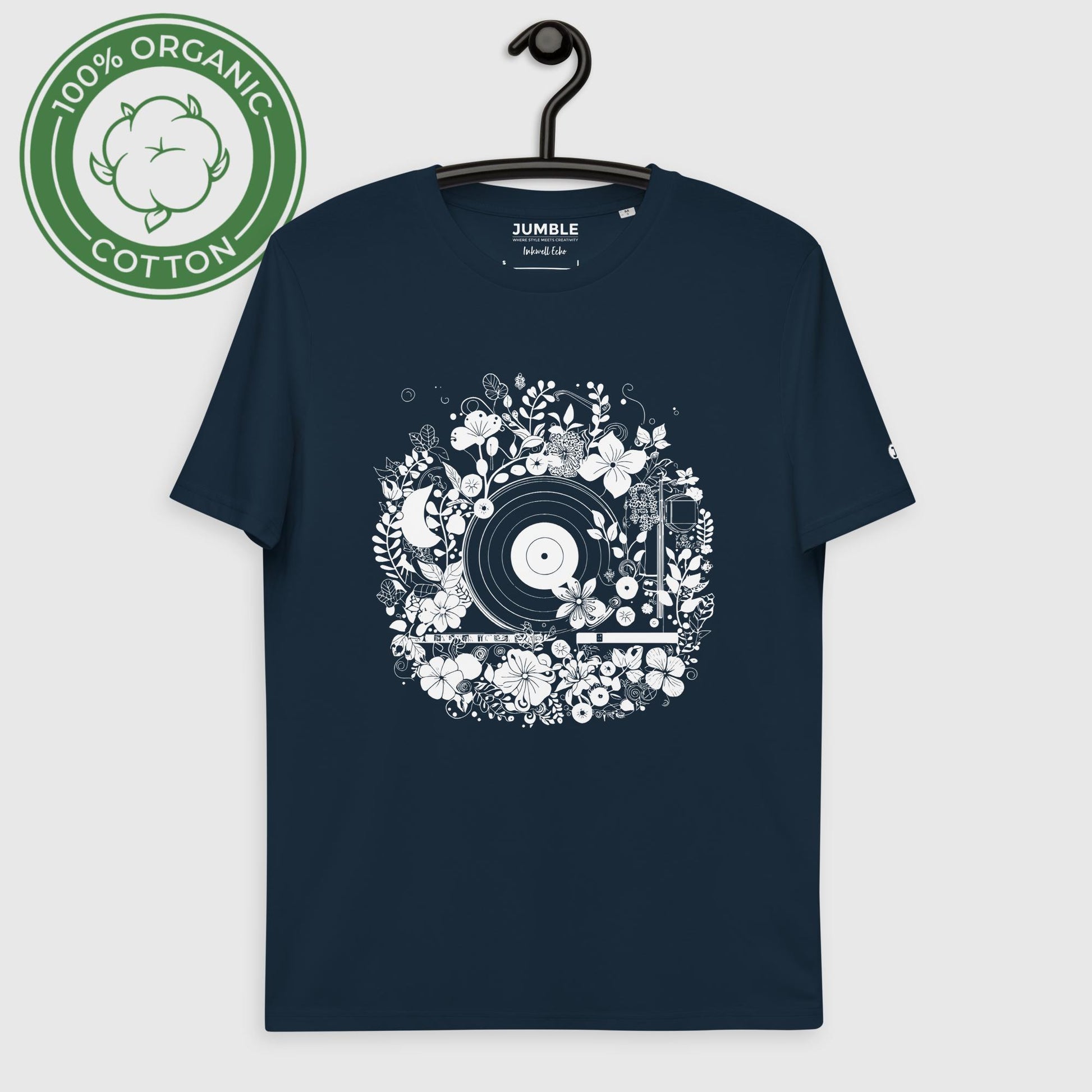 Inkwell Echo Unisex organic cotton t-shirt, in french navy. Displayed on a hanger