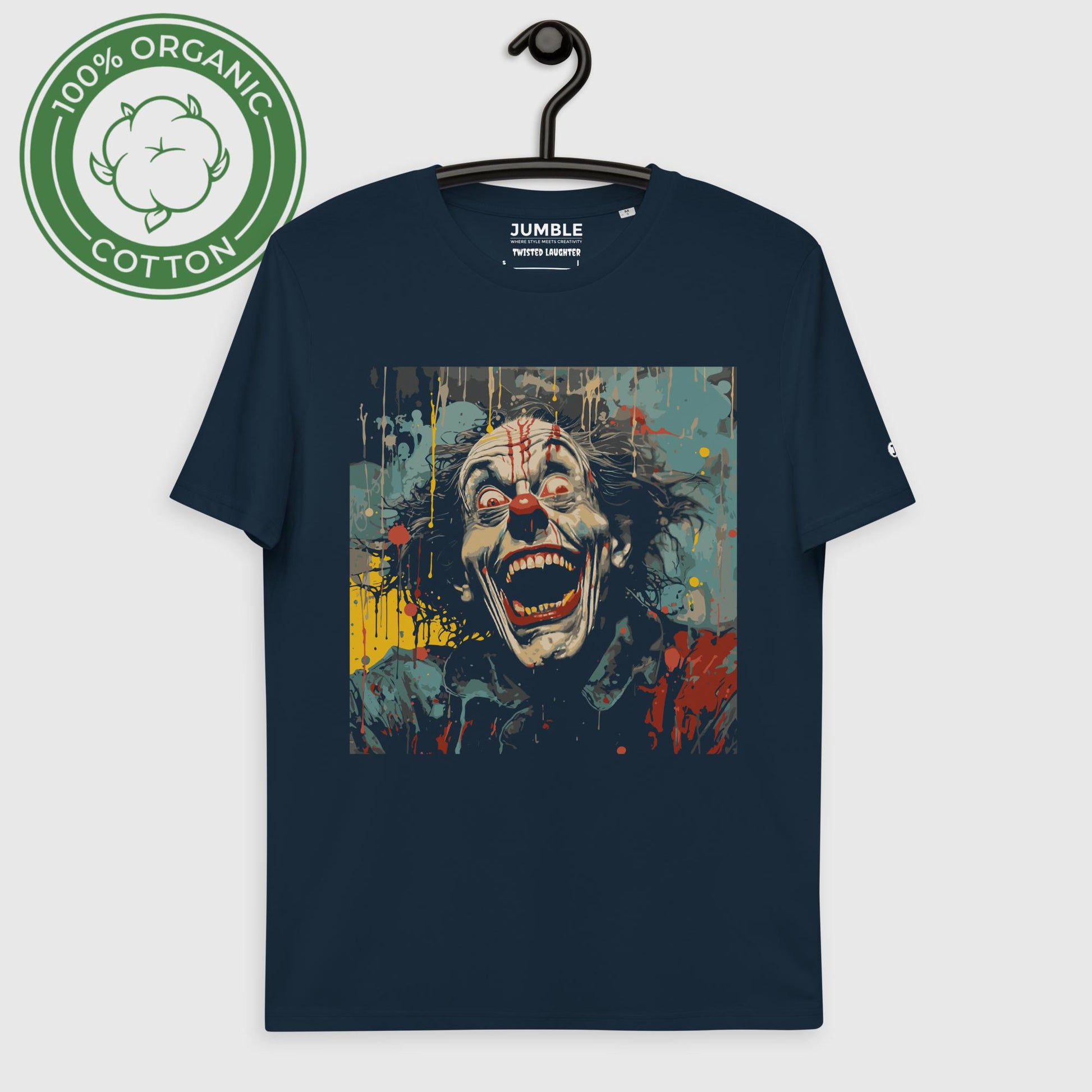 french navy Twisted Laughter Unisex organic cotton t-shirt, displayed on a hanger