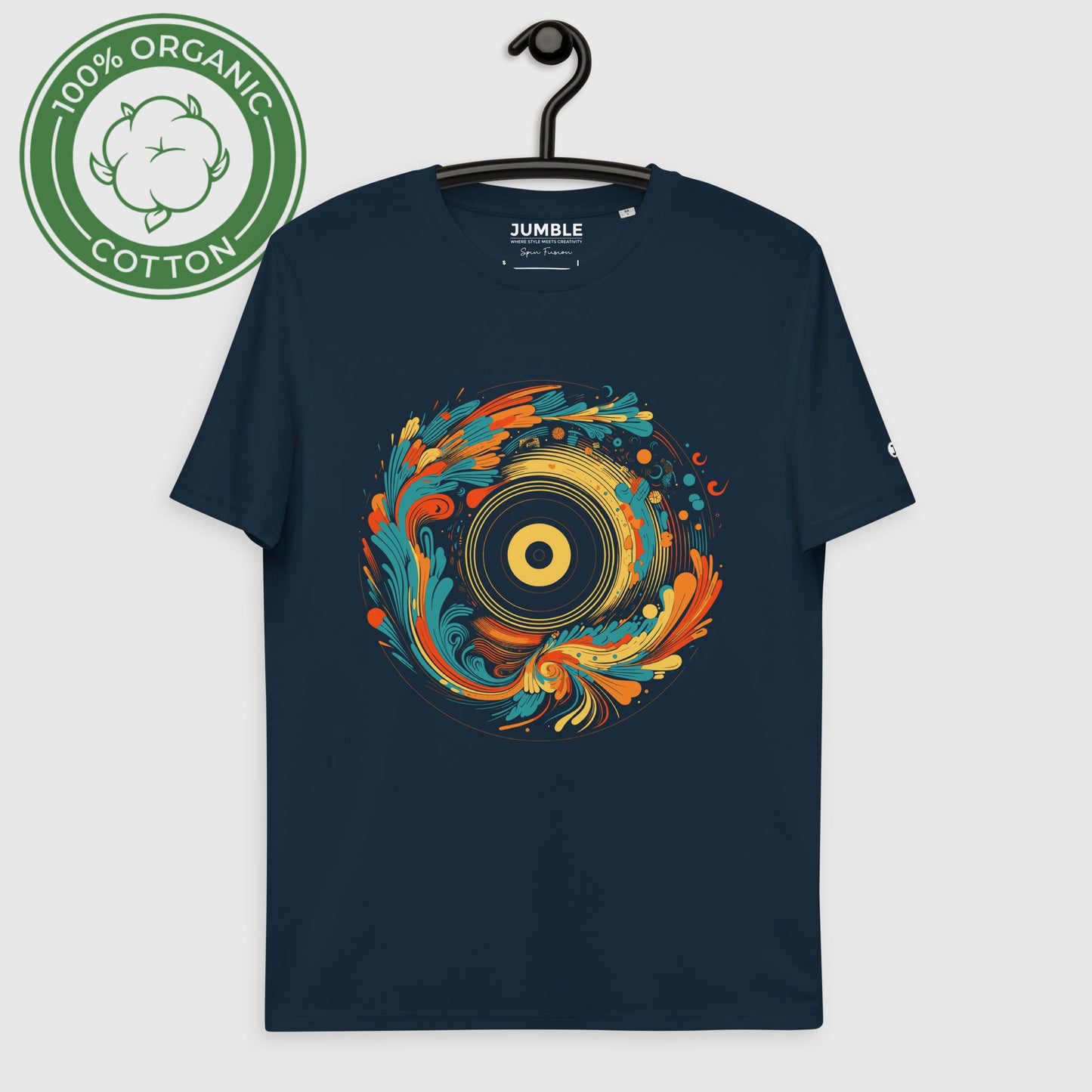 french navy Spin Fusion Unisex organic cotton t-shirt, displayed on a hanger