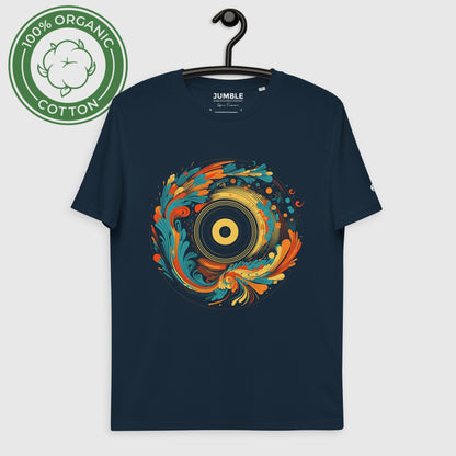 french navy Spin Fusion Unisex organic cotton t-shirt, displayed on a hanger