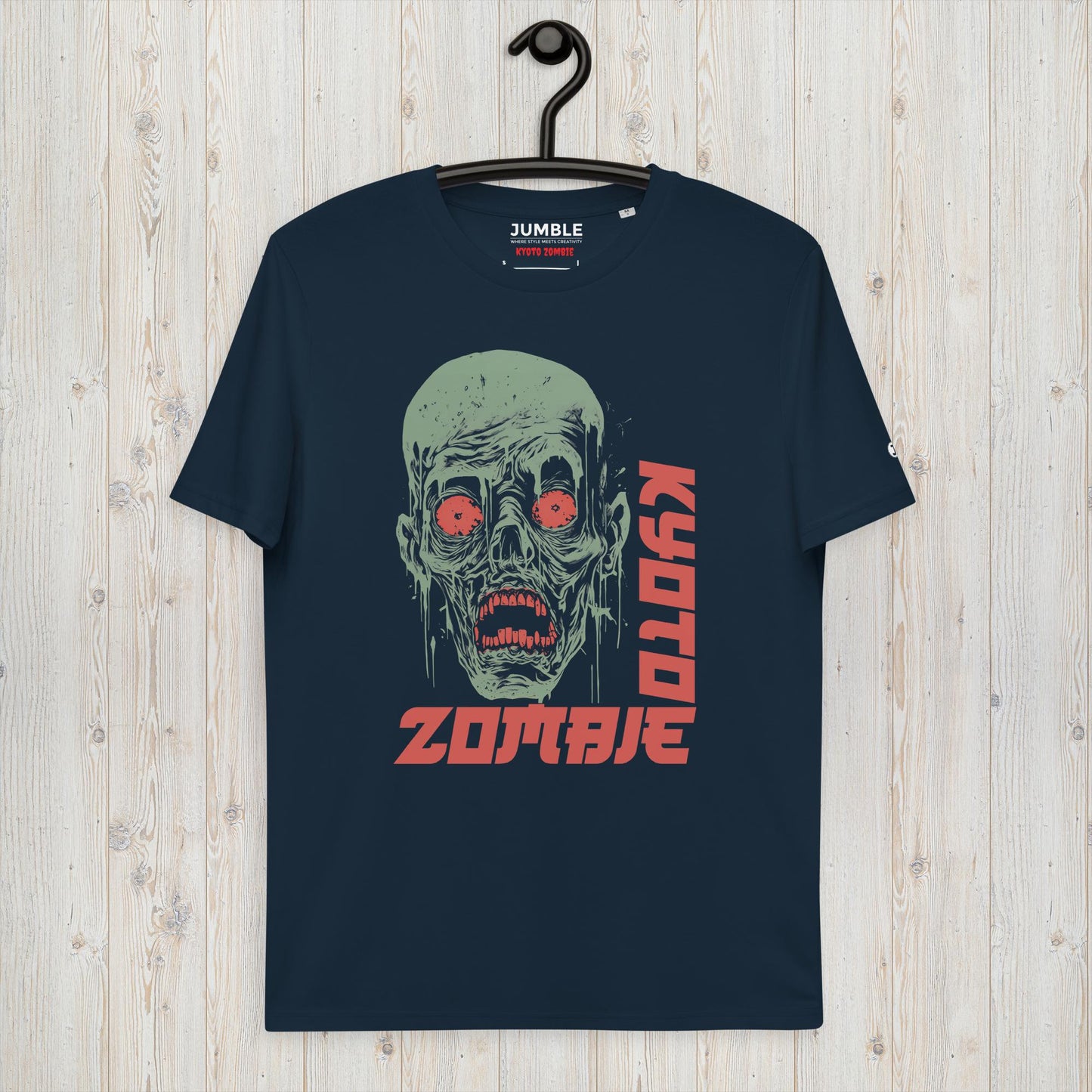 french navy Kyoto Zombie Unisex organic cotton t-shirt on a hanger