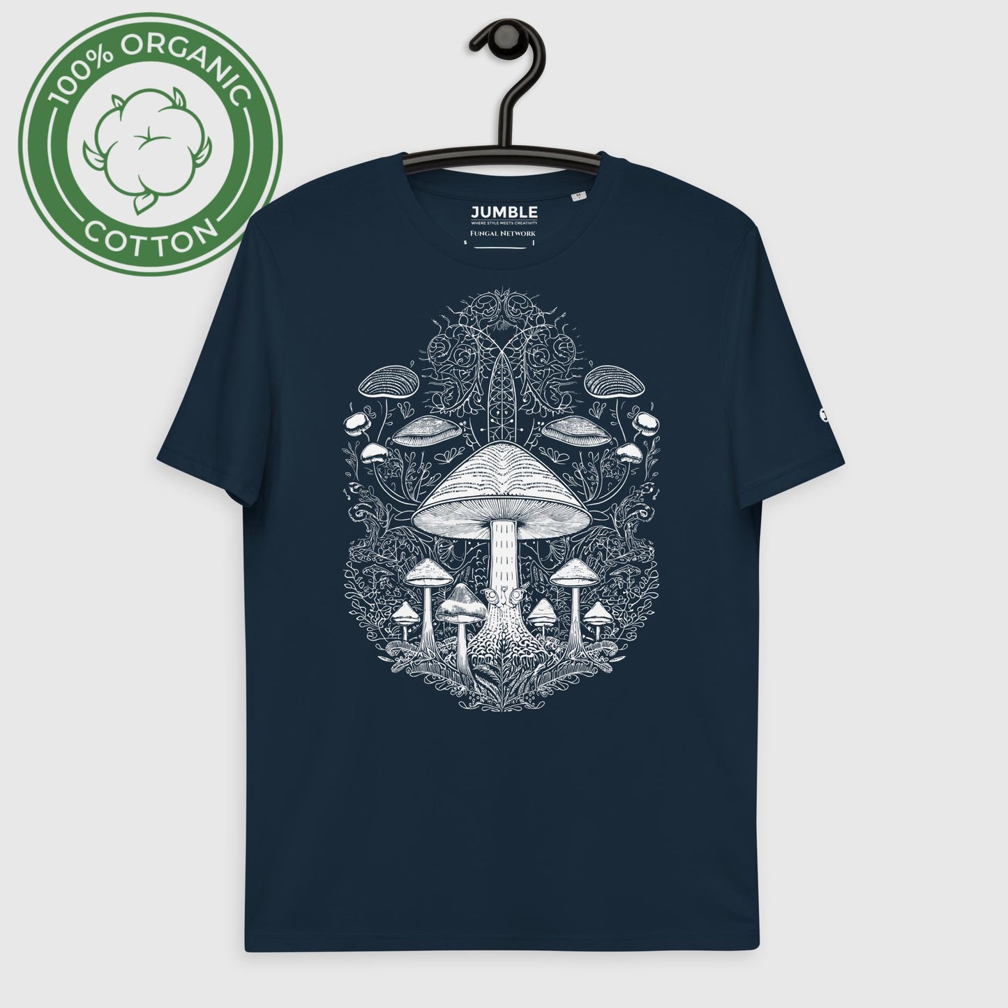 french navy Fungal Network  Unisex organic cotton t-shirt on a hanger