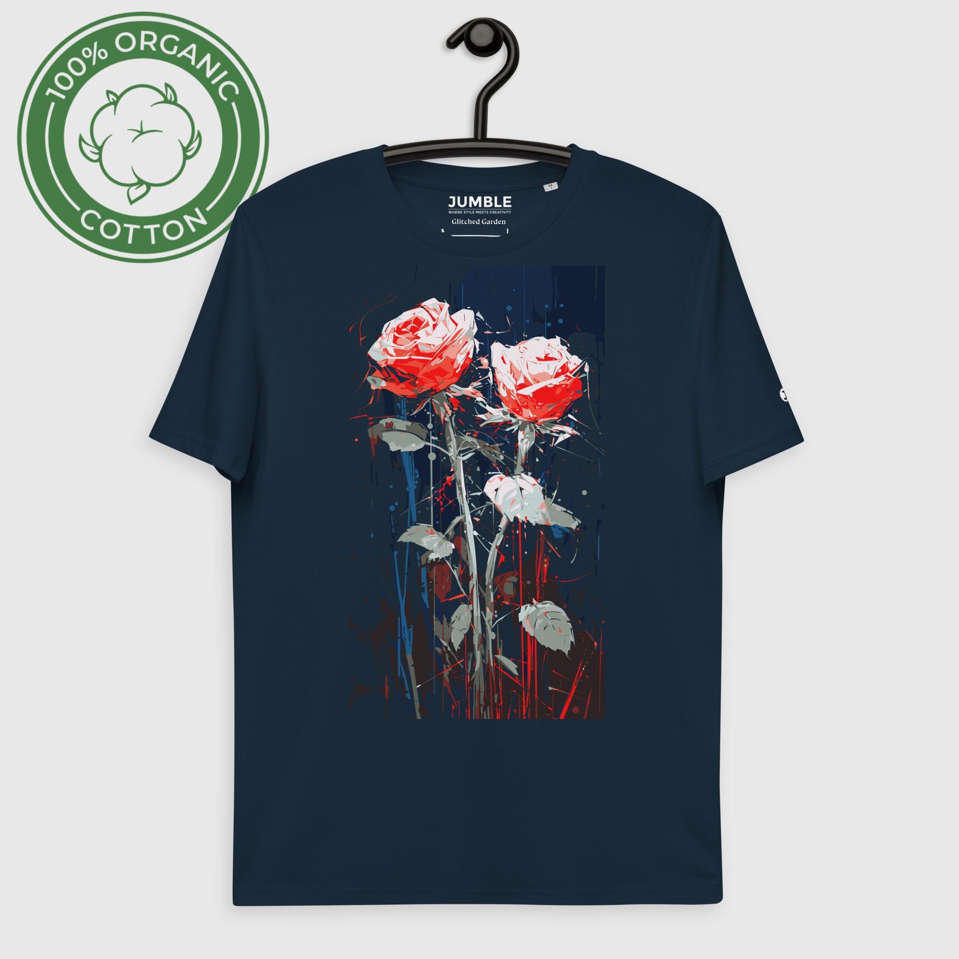 french navy Glitched Garden Unisex organic cotton t-shirt displayed on a hanger