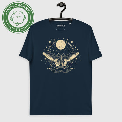 french navy Luna Glow Unisex organic cotton t-shirt displayed on a hanger