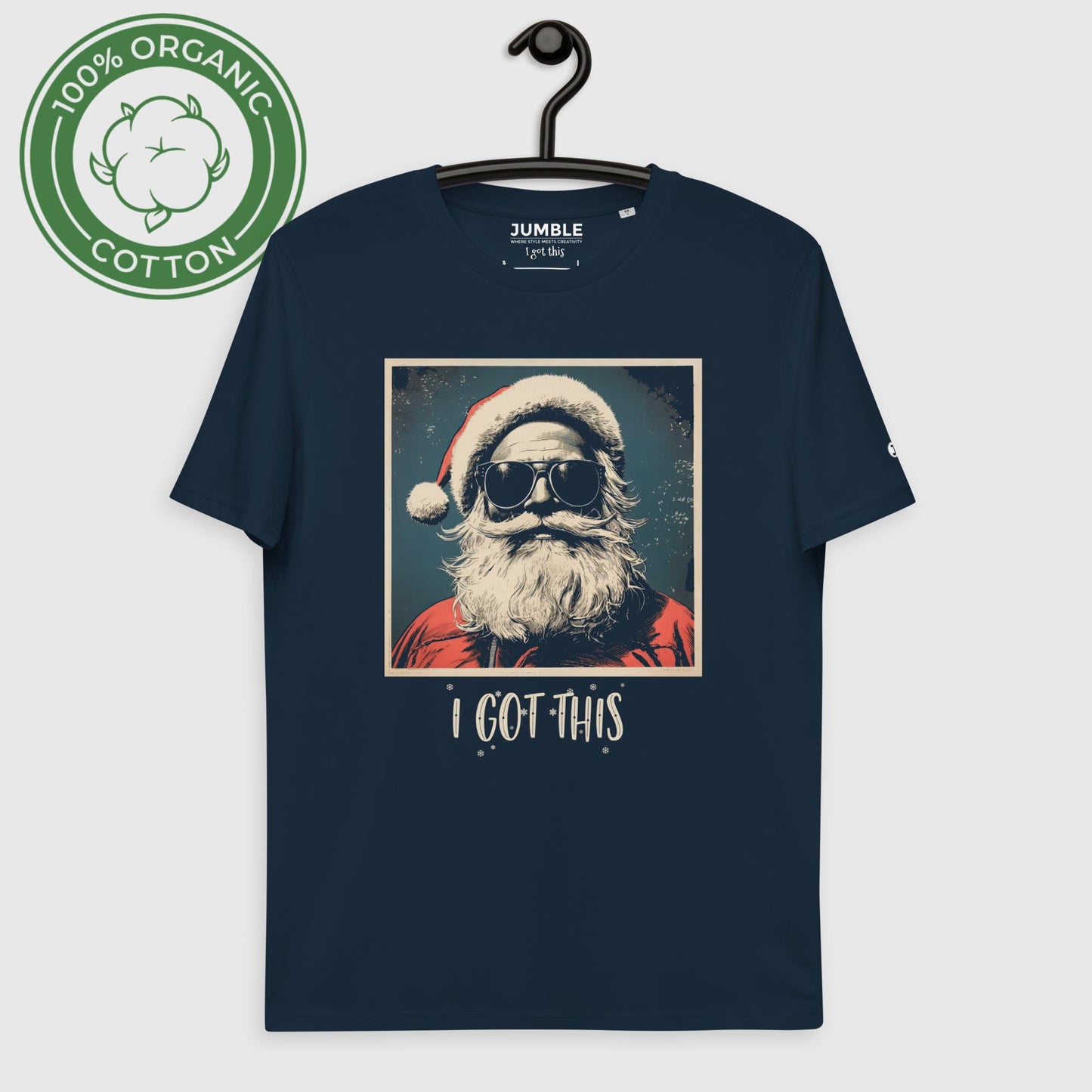 french navy "I Got This" Unisex organic cotton t-shirt displayed on a hanger