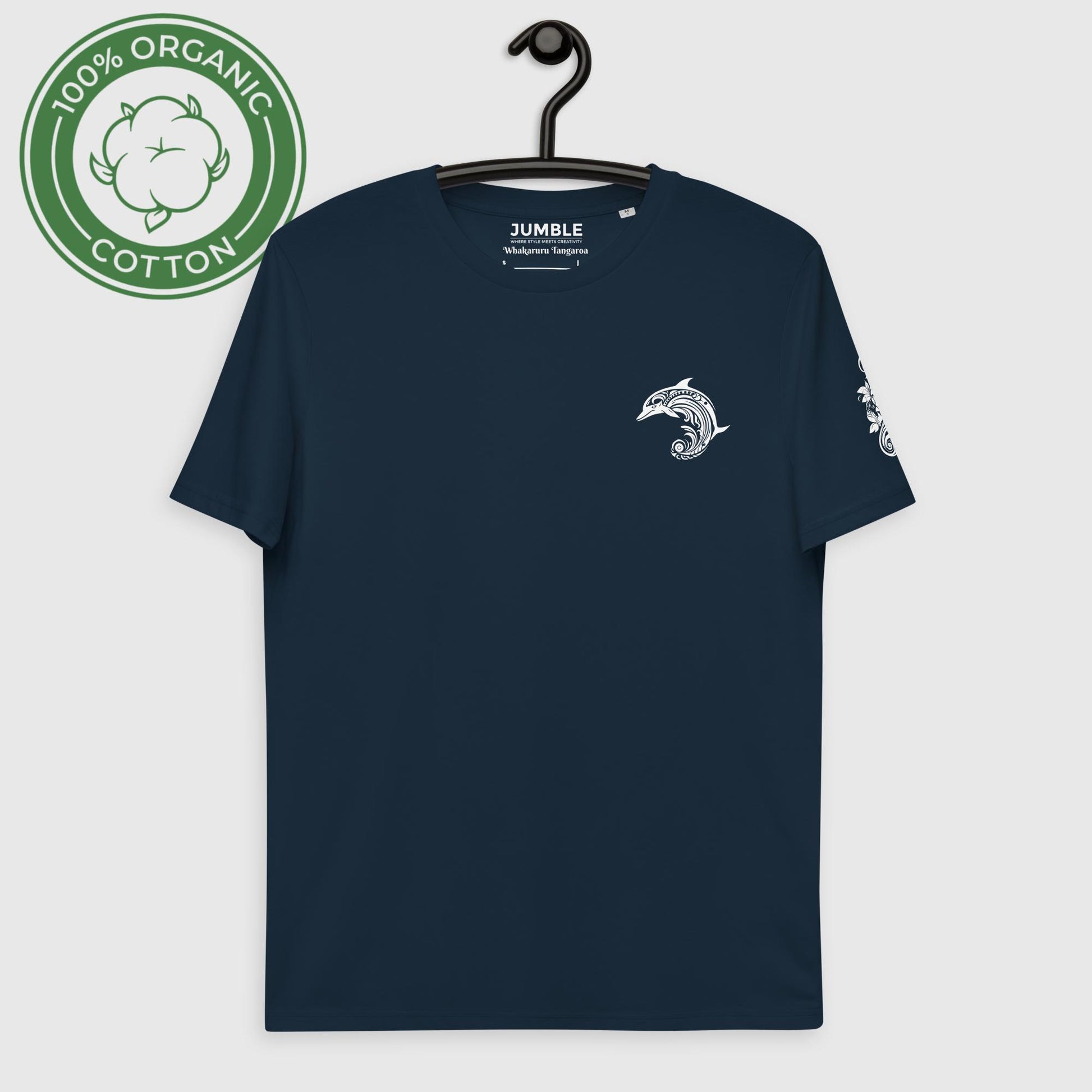 french navy Whakaruru Tangaroa Unisex organic cotton t-shirt displayed on a hanger
