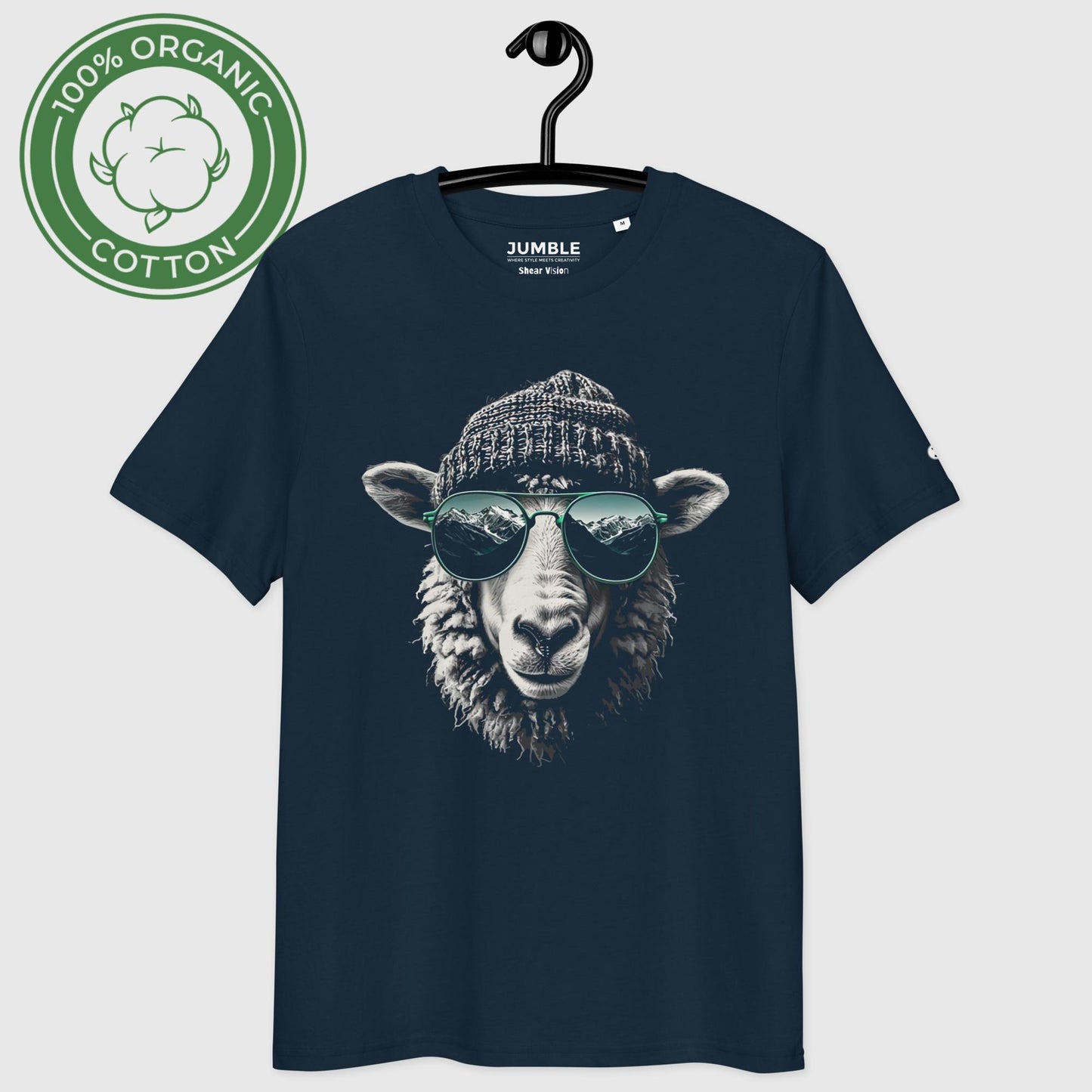 french navy Shear vision Premium Unisex organic cotton t-shirt on a hanger