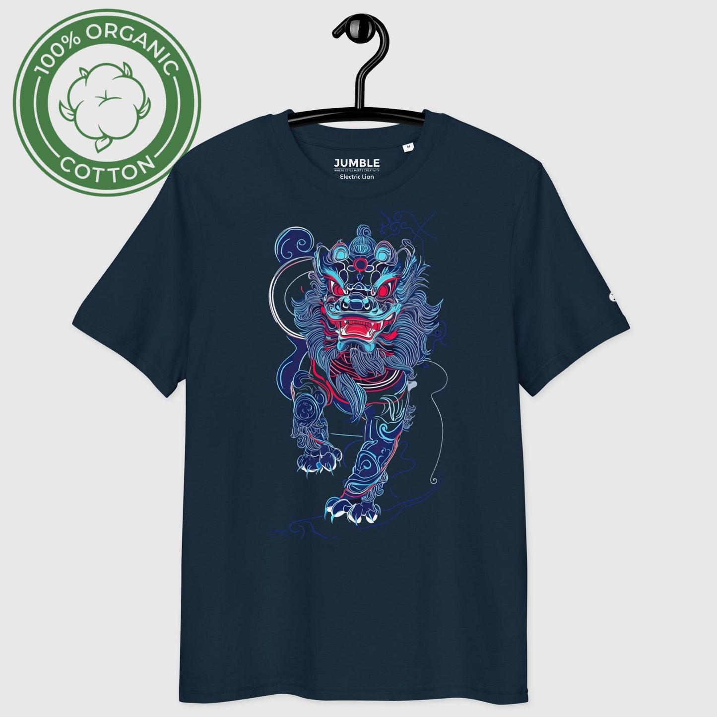 Electric Lion Premium Unisex organic cotton t-shirt displayed on a hanger