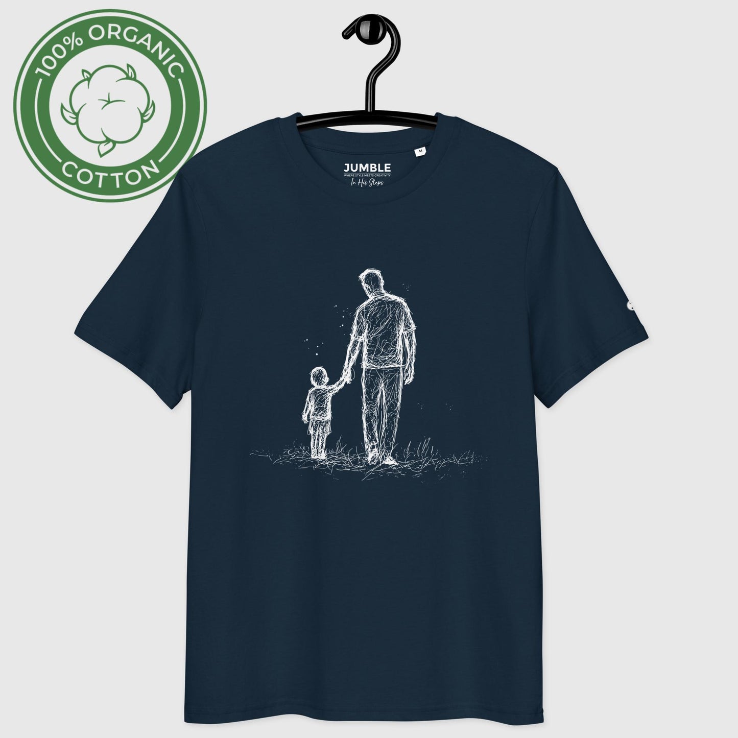 french navy In His Steps Premium Unisex organic cotton t-shirt on a hanger