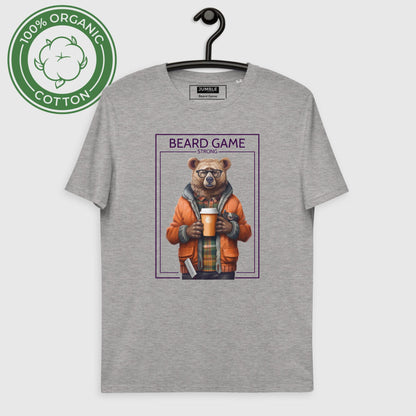 Beard Game Organic Cotton T-shirt in Heather Grey on hanger