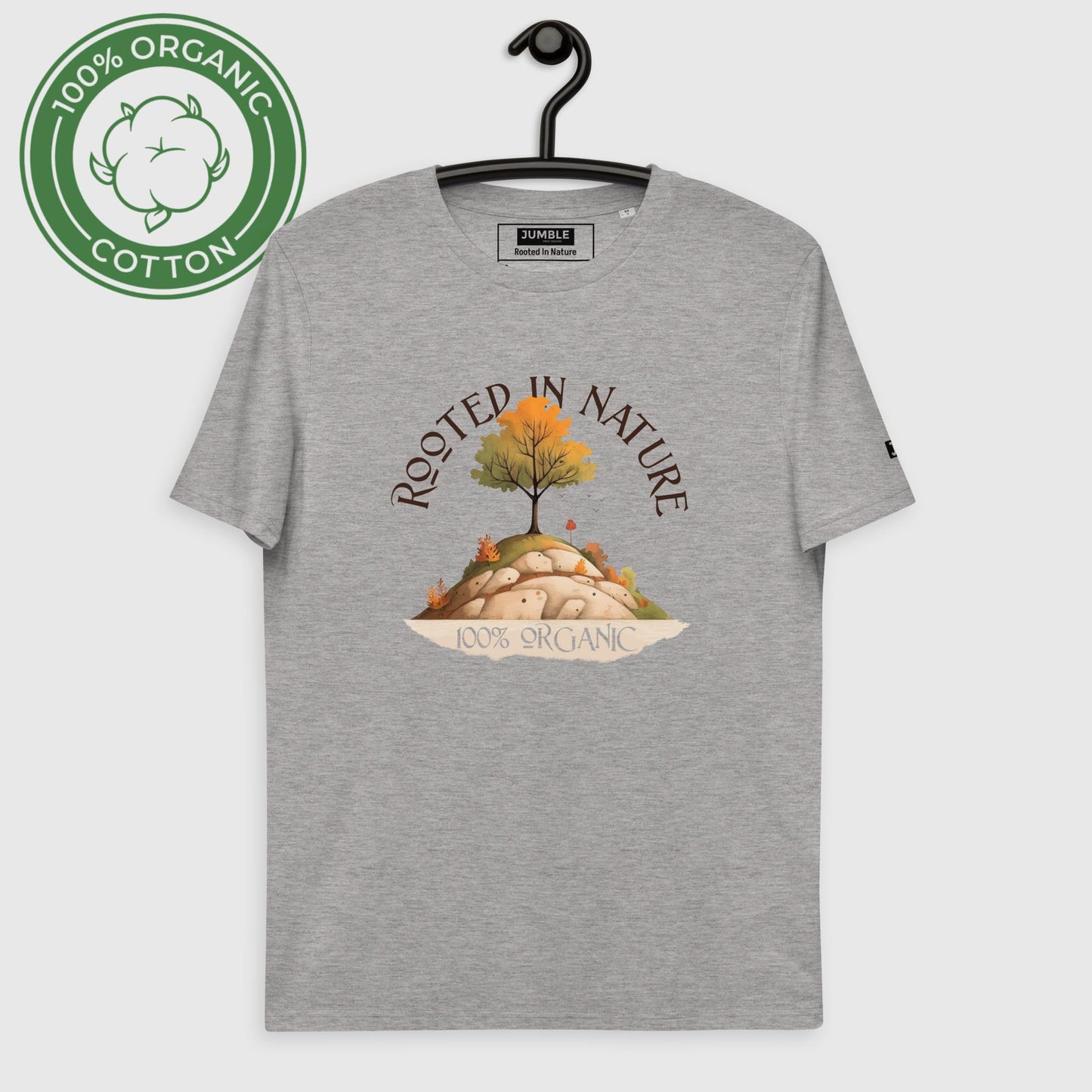 Rooted in Nature Unisex organic cotton t-shirt- in heather graey-on hanger