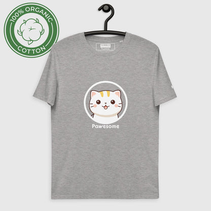 Pawesome Unisex organic cotton t-shirt- heather grey, on hanger