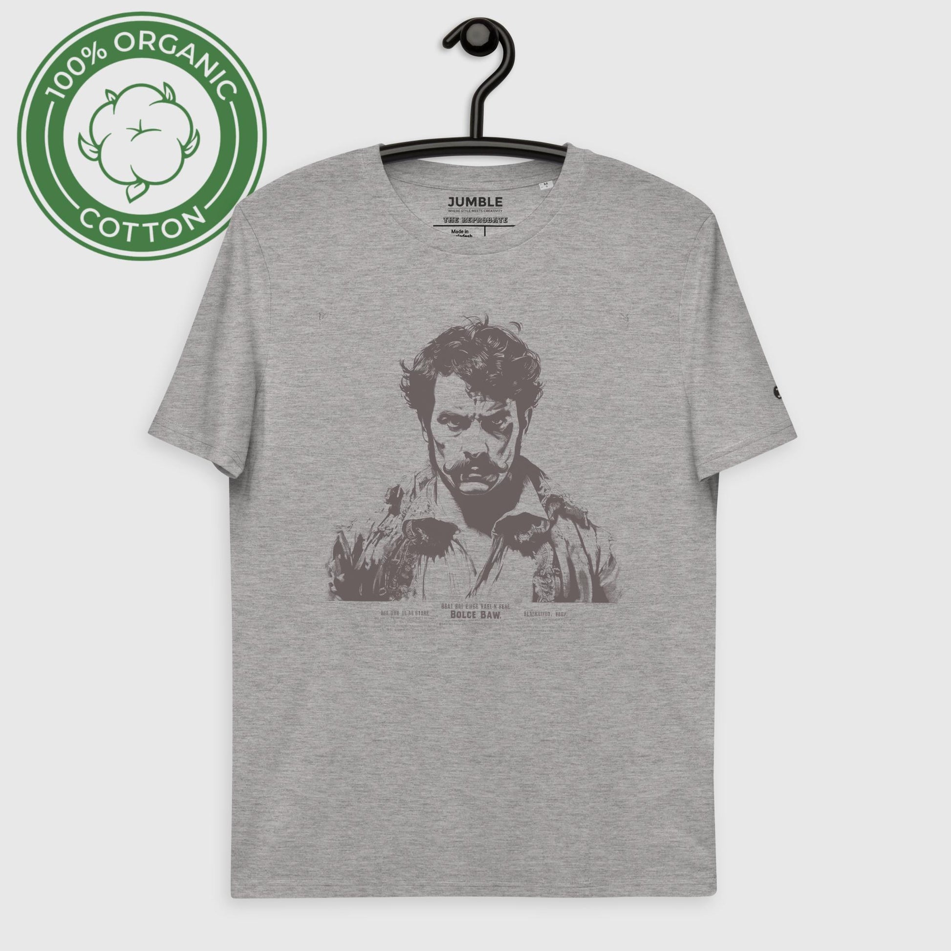 The Reprobate Unisex Organic Cotton T-shirt in heather grey on hanger