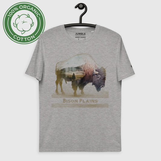 Bison Plains Unisex organic cotton t-shirt, displayed on hanger
