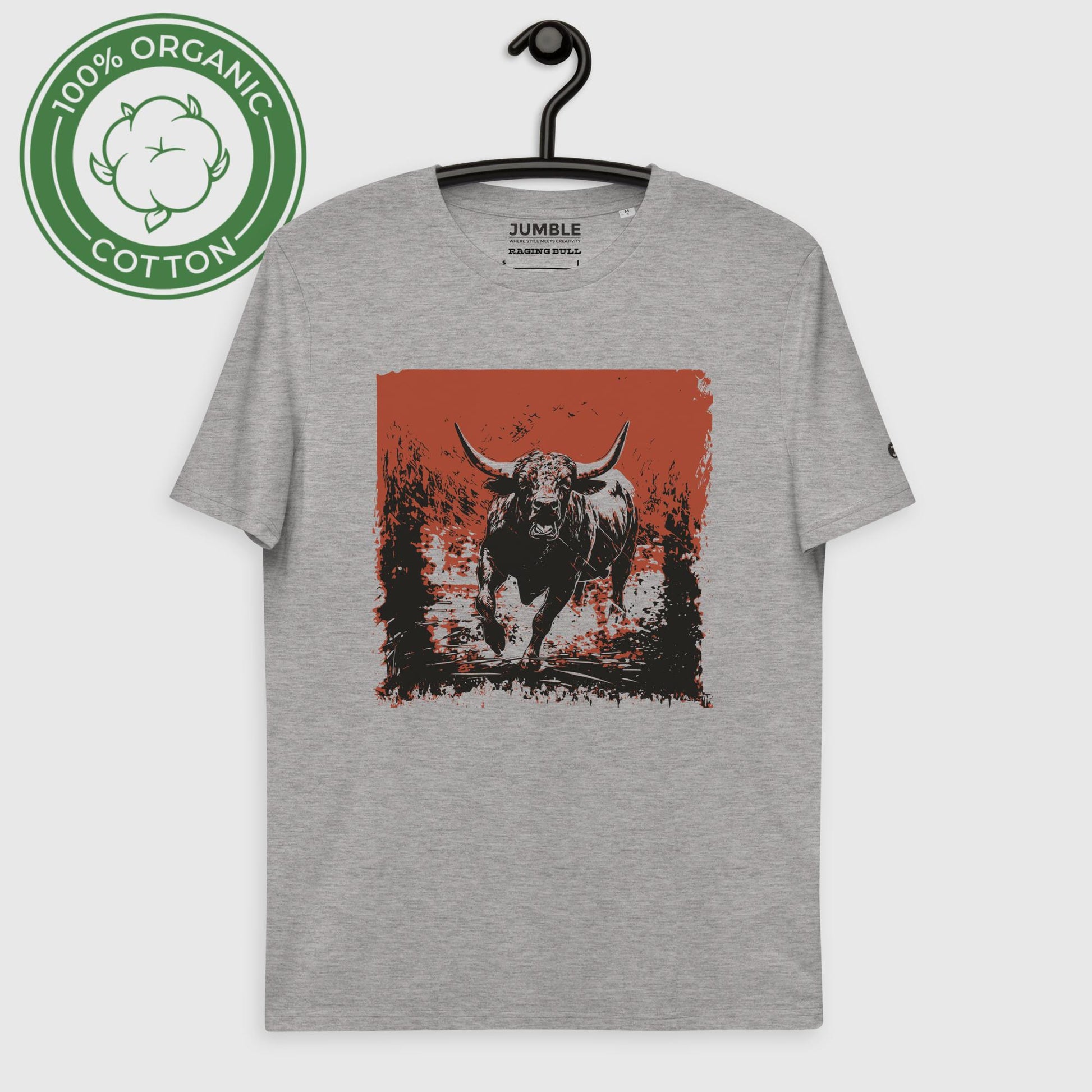 Raging Bull Unisex organic cotton t-shirt, in heather grey.Displayed on hanger