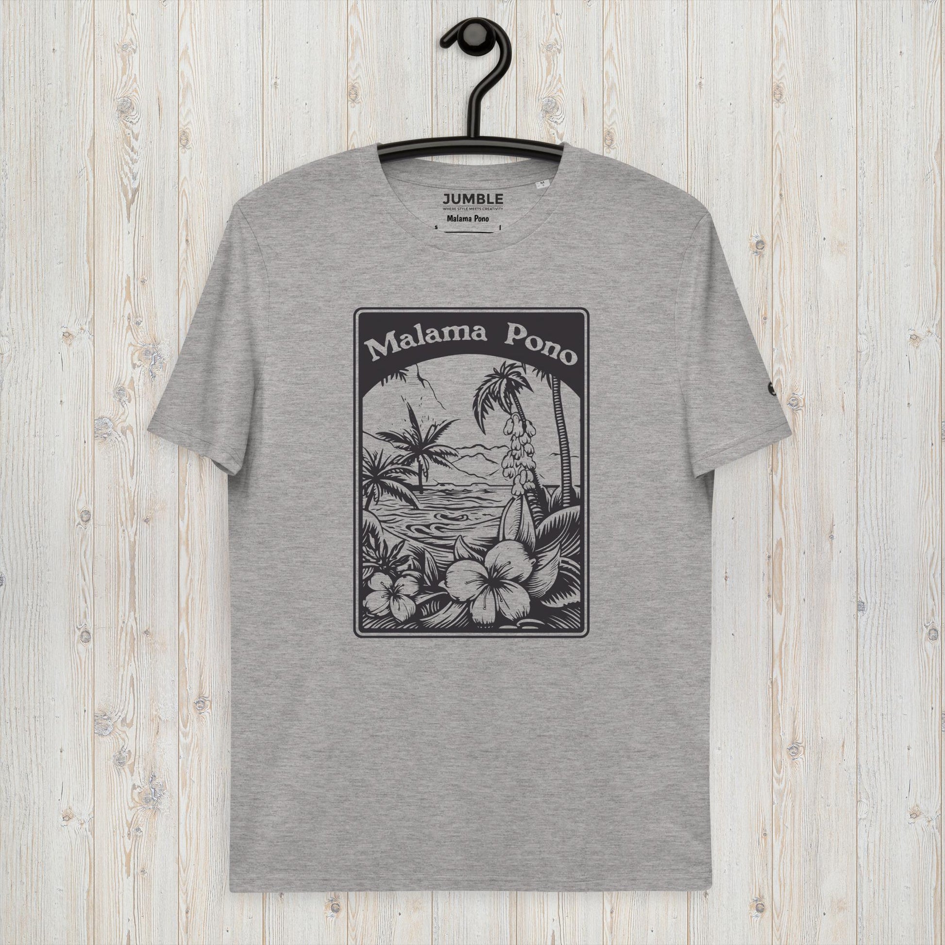 heather gray Malama Pono Unisex organic cotton t-shirt displayed on hanger