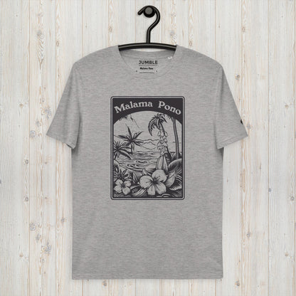 heather gray Malama Pono Unisex organic cotton t-shirt displayed on hanger