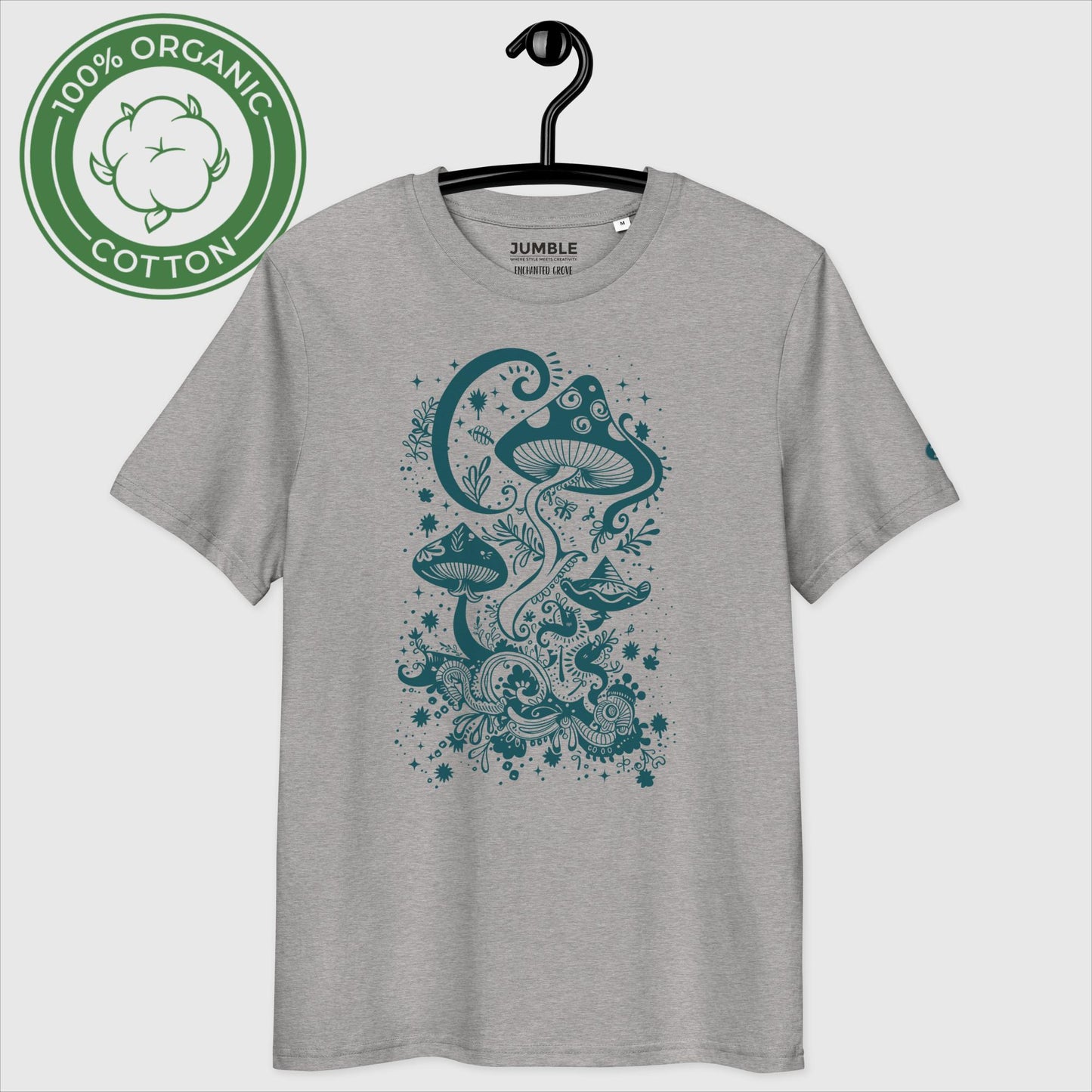 heather grey Enchanted Grove Premium Unisex organic cotton t-shirt on a hanger