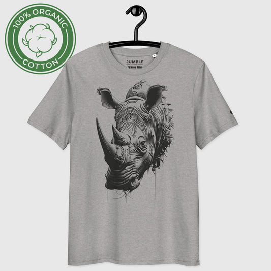 heather grey Tā Moko Rhino Premium Unisex organic cotton t-shirt on a hanger