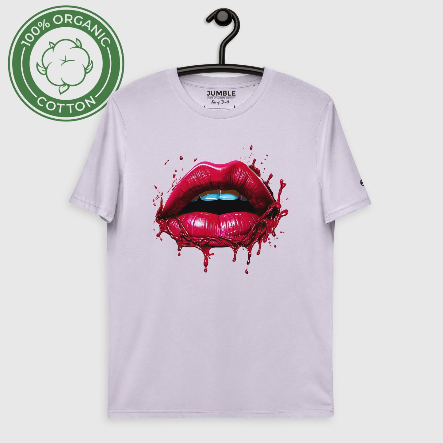 lavender Kiss of Death Unisex organic cotton t-shirt, on hanger
