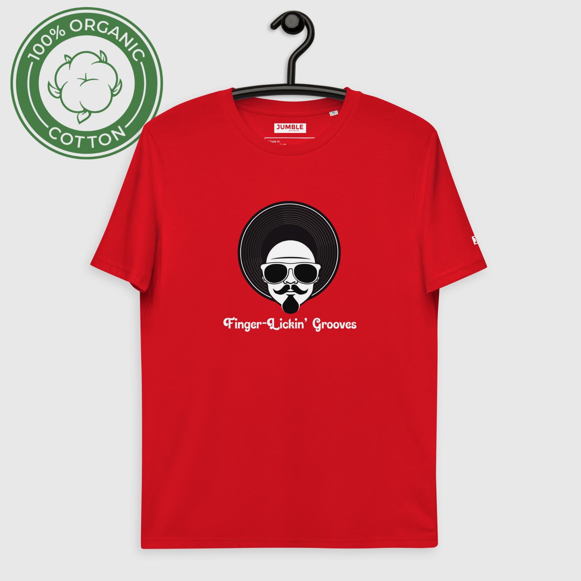 Colonel Funk's Unisex Organic Cotton T-shirt in Red, showcased on a hanger