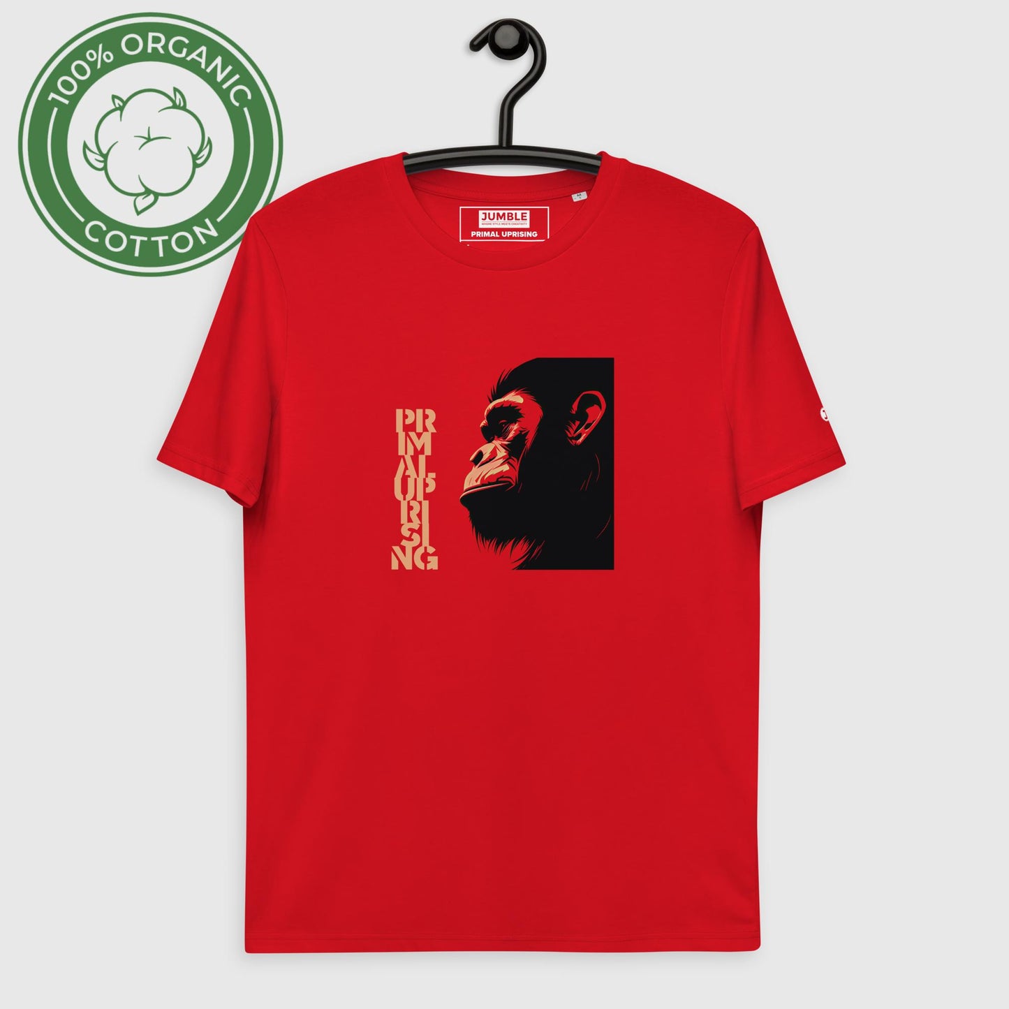 Red Primal Uprising Unisex organic cotton t-shirt displayed on hanger